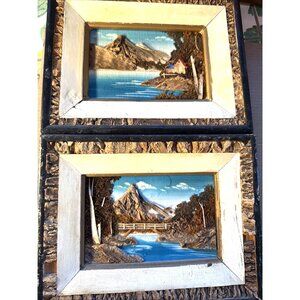 2 Vintage Japan 3D Wood Hand Crafted Pictures 7" x 9” Rustic Cabin Mountain